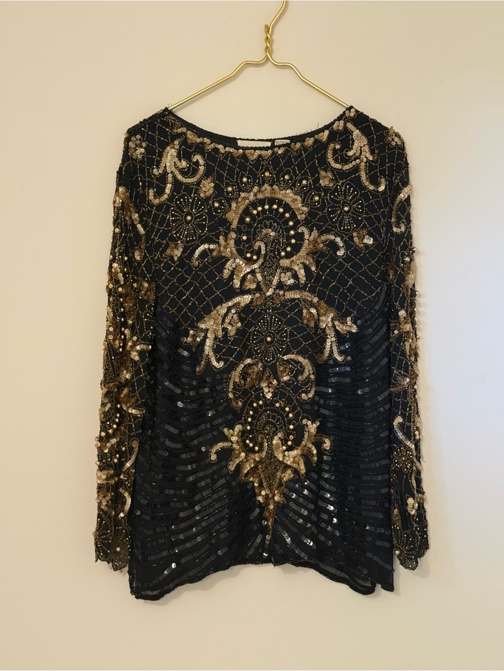 Black & Gold Beaded Long-Sleeve Evening Blouse